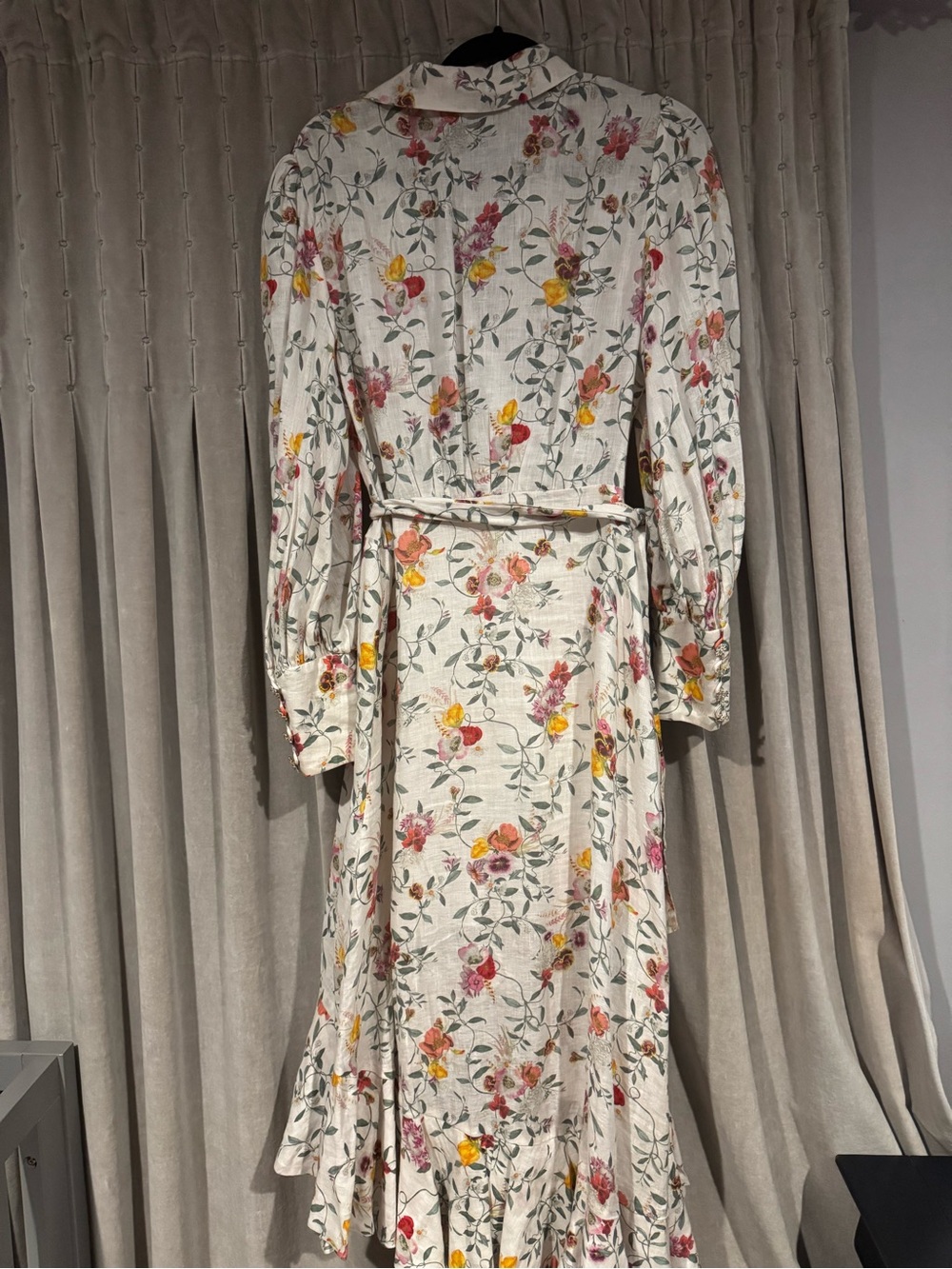 Zimmermann Cream Floral High-Low Midi Dress with Belt